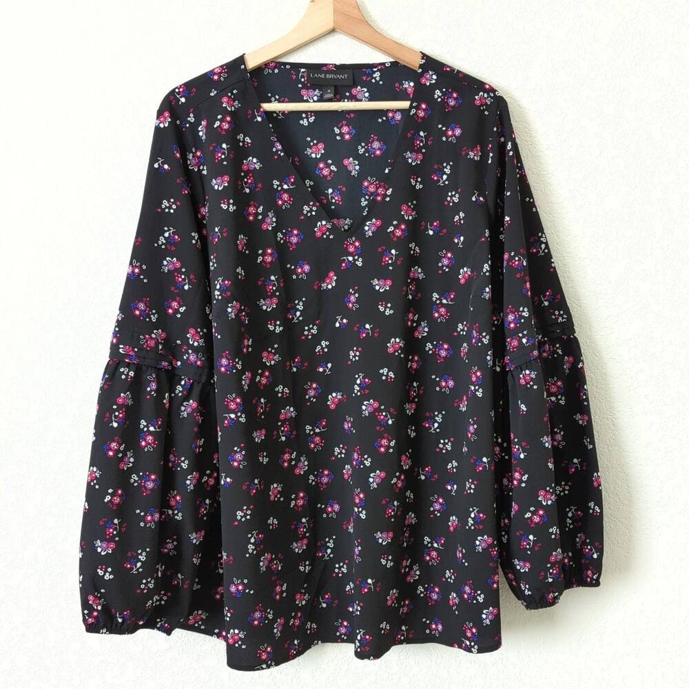 Lane Bryant Women's Blouse‎ Black Pink Size 18 Plus V-Neck Chiffon Bubble Sleeve